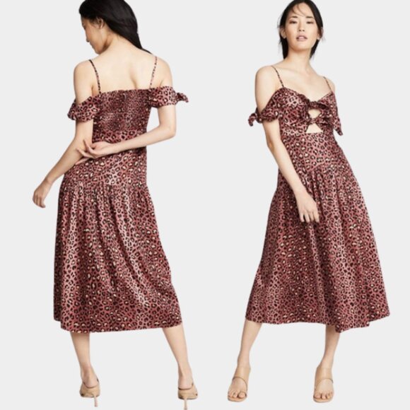 Rebecca Taylor Off the Shoulder Bow Midi Dress in Leopard Print - Picture 1 of 12
